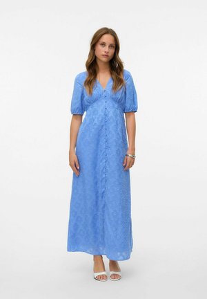 Maxi dress in light blue, featuring short puff sleeves, deep v-neck, button front, and textured floral pattern. Smooth fabric with flowy design.