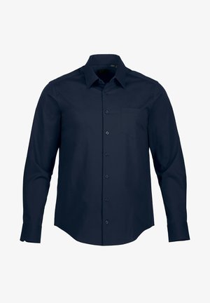 Marineblauwe overhemden met lange mouwen en knoopsluiting, voorzien van een klassieke kraag, een enkele borstzak en een gladde, effen textuur.