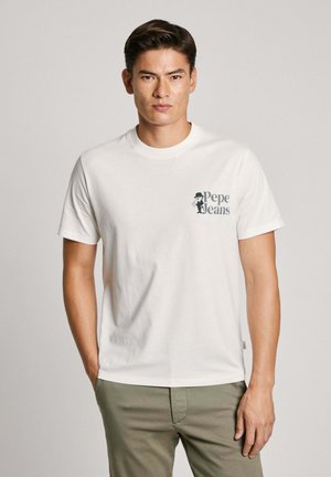 Witte katoenen t-shirt met korte mouwen, voorzien van een grafisch logo in donkerblauw op de linkerborst. Slim fit en ronde hals ontwerp.