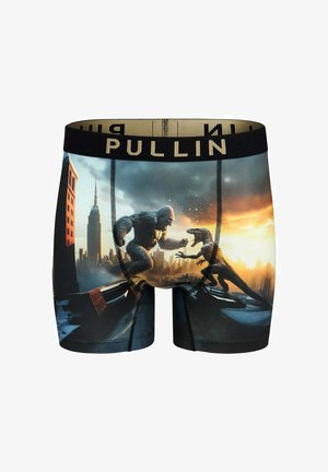 Les-boxers pour hommes présentent une taille élastique noire portant l'inscription "PULLIN." Le tissu arbore un graphique coloré d'un gorille et d'un dinosaure dans un cadre urbain.