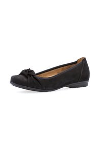 Schwarze Wildleder-Ballerinas mit einem geknoteten Vorderteil, runder Zehenform und niedrigem Gummiholz mit strukturiertem Außensohle.