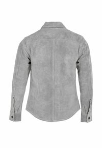 Szürke velúr ing hegyes gallérral, hosszú ujjakkal és felgombolható mandzsettával. Simább textúrájú, egyszínű hátoldali kialakítással.