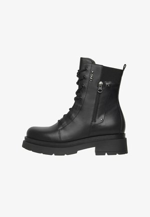 Schwarzer Leder-Boot mit seitlichem Reißverschluss, schnürbarem vorderen Teil, dicker Sohle, elastischem Einsatz auf der Rückseite und einer kleinen Zuglasche.