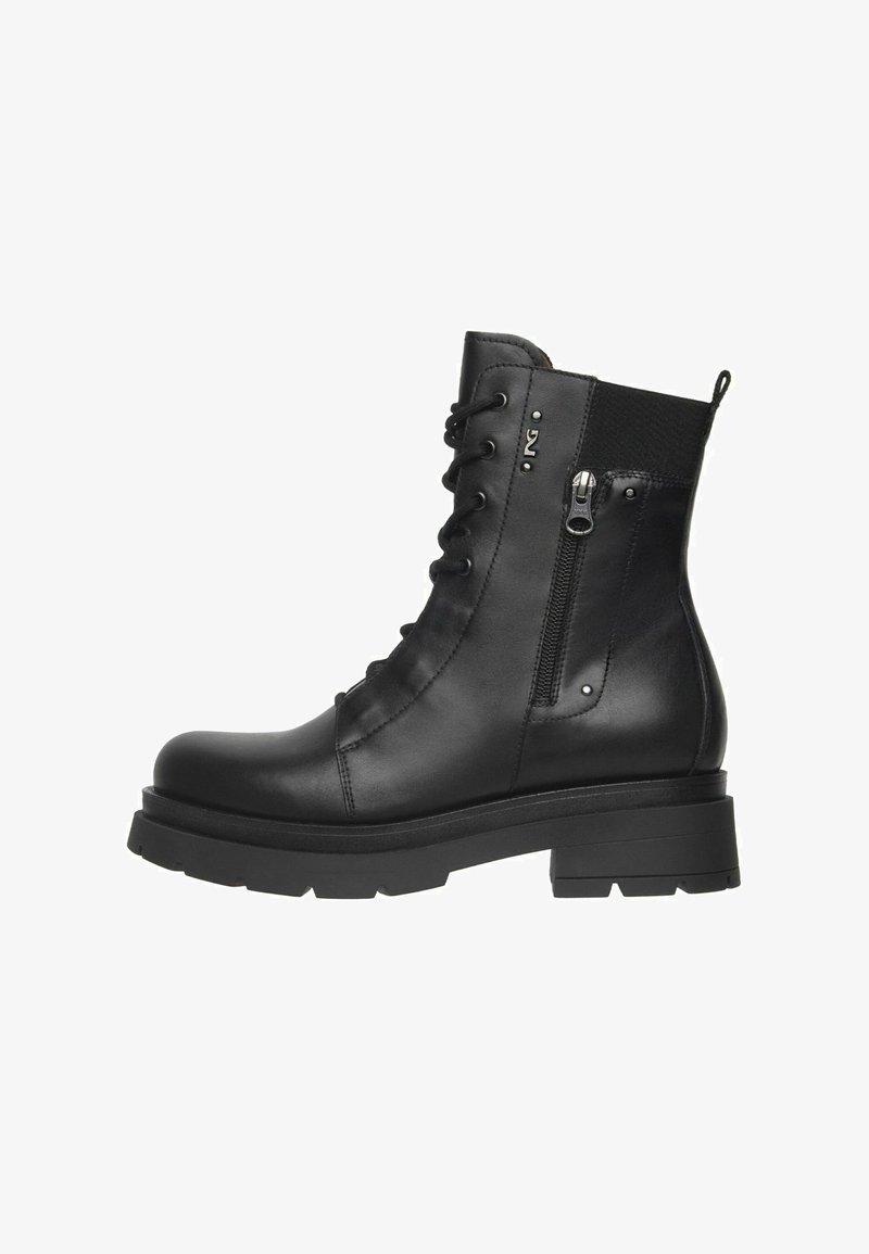 Black leather ankle boot with side zipper, lace-up front, chunky sole, elastic panel at the back, and a small pull tab.
