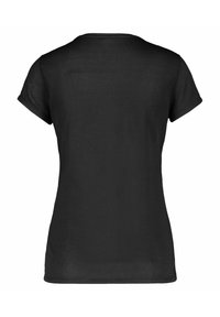 Black short-sleeved T-shirt made of mesh fabric. Features a round neckline and a slightly fitted shape with a smooth texture.