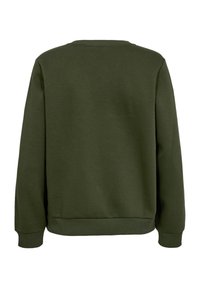 Donkergroen sweatshirt met lange mouwen en geribbelde boorden en zoom, weergegeven vanaf de achterkant op een witte achtergrond.
