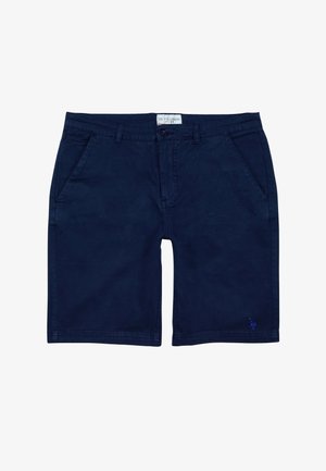 Marineblauwe casual shorts voor heren met voorzakken, riemlussen, knoopsluiting en een klein geborduurd logo op het lagere linkerbeen.