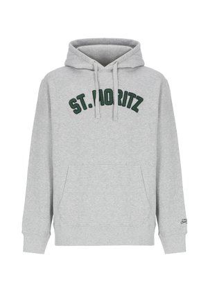 Felpa con cappuccio grigio chiaro con tasca frontale e testo "ST. MORITZ" di colore verde scuro sul petto.