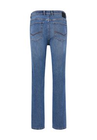 Blaue Jeans aus Denim mit geradem Bein, mittelhohem Bund und zwei Gesäßtaschen mit kontrastierenden Nahtdetails.