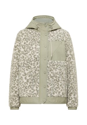 Light green hooded jacket with grey leopard print fleece, front snap buttons, drawstrings, zippered chest pocket, and elastic cuffs.
