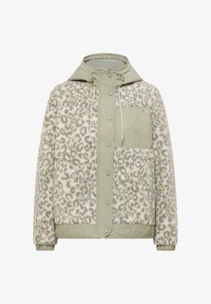 Jasnozielona kurtka z kapturem, z szarą polarem w panterkę, z przodu zatrzaski, ściągacze do regulacji, kieszeń na piersi na zamek błyskawiczny oraz elastyczne mankiety.