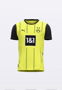 Maillot à manches courtes jaune et noir avec un design rayé, col rond et accents de logo. Fabriqué en tissu respirant, adapté pour le sport.