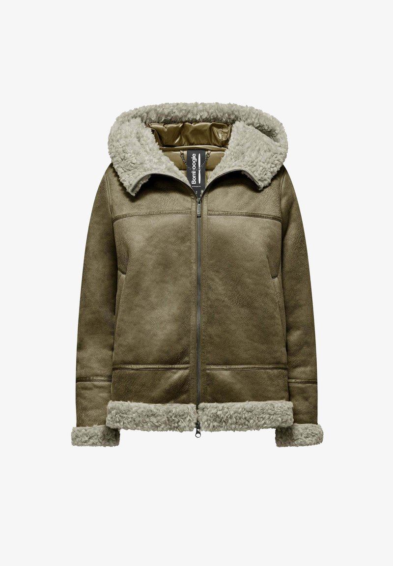 Olive zielona kurtka ze zamszu z kołnierzem i mankietami z futra sztucznego, z przednim zamkiem błyskawicznym i dwoma bocznymi kieszeniami.