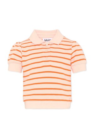 Maglietta a maniche corte per bambini con righe orizzontali color pesca e arancione, tre bottoni frontali e un colletto morbido.