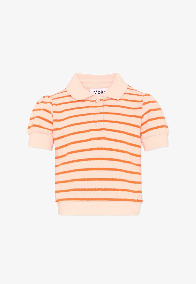 Polo pour enfants à manches courtes avec rayures horizontales pêche et orange, trois boutons sur le devant et un col doux.