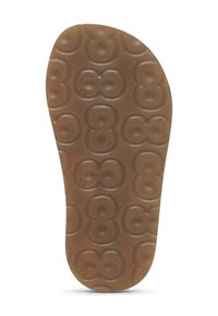 Soletta in gomma marrone con superficie testurizzata caratterizzata da schemi circolari. Il design è ergonomico, modellato per adattarsi comodamente al piede.
