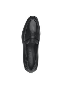 Black leather slipper shoe with a flat design, rounded toe, and a decorative strap across the upper. Smooth texture, minimal stitching.