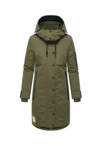 Olijfgroene lange parka-jas met een capuchon, voorzien van een ritsluiting, twee zijzakken en elastische manchetten. Zwarte accenten verbeteren het ontwerp.