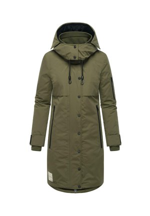 Olijfgroene lange parka-jas met een capuchon, voorzien van een ritsluiting, twee zijzakken en elastische manchetten. Zwarte accenten verbeteren het ontwerp.