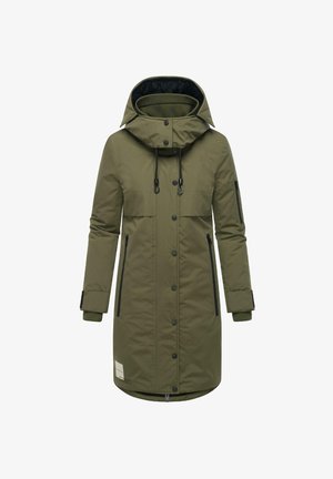 Olijfgroene lange parka-jas met een capuchon, voorzien van een ritsluiting, twee zijzakken en elastische manchetten. Zwarte accenten verbeteren het ontwerp.