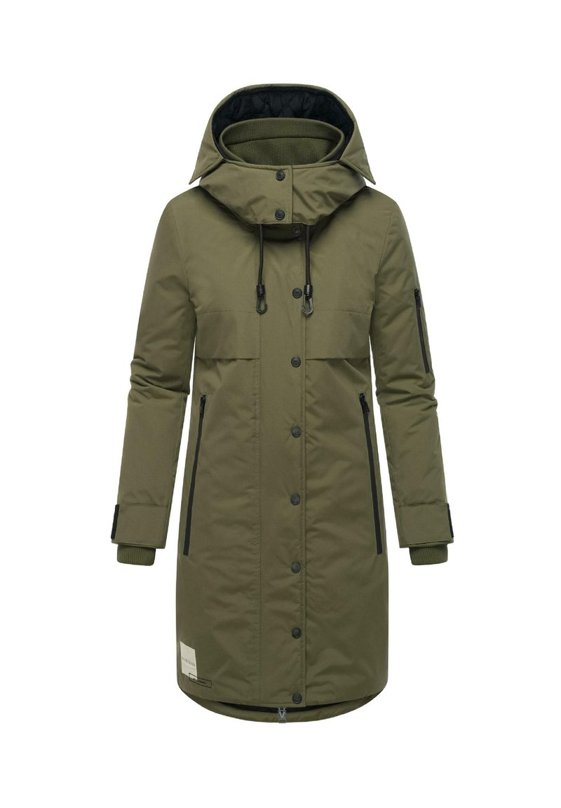 Olijfgroene lange parka-jas met een capuchon, voorzien van een ritsluiting, twee zijzakken en elastische manchetten. Zwarte accenten verbeteren het ontwerp.