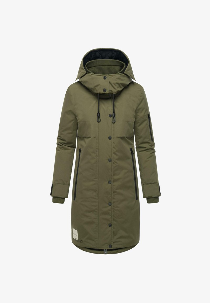 Olivinės spalvos ilga parka striukė su kapišonu, su užtrauktuku, dviem šoninėmis kišenėmis ir elastingomis rankovėmis. Juodi akcentai pabrėžia dizainą.