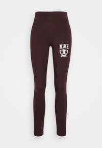 Bordové sportovní legíny s vysokým pasem, měkkou strukturou, s bílým logem a emblémem Nike na levé noze. Standardní plná délka.