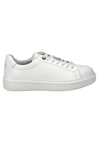 Weiße Leder-Sneaker mit runder Spitze, flacher weißer Gummisohle und grauen Schnürdetails. Zeichnet sich durch minimale Nähte und eine glatte Oberfläche aus.