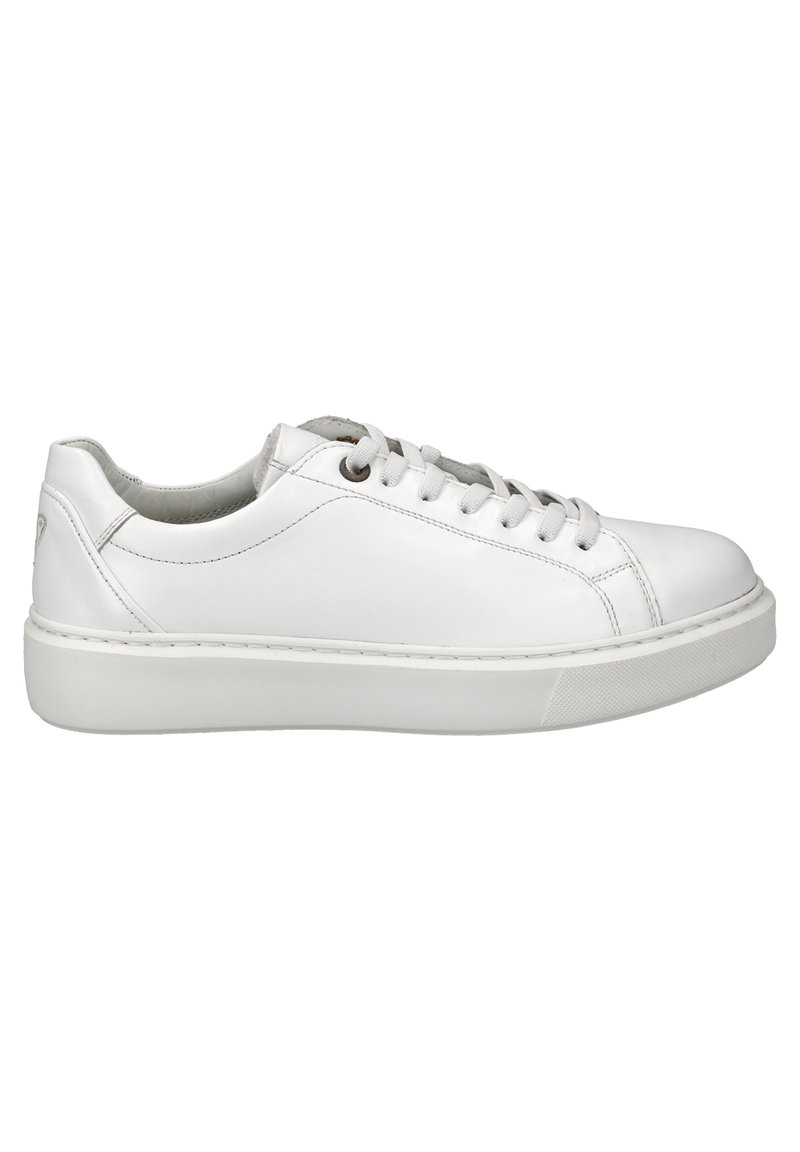 Weiße Leder-Sneaker mit runder Spitze, flacher weißer Gummisohle und grauen Schnürdetails. Zeichnet sich durch minimale Nähte und eine glatte Oberfläche aus.