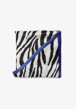Pochette à rayures noir et blanc avec une texture plissée. Présente un accent bleu diagonal et des bords texturés pour des détails supplémentaires.