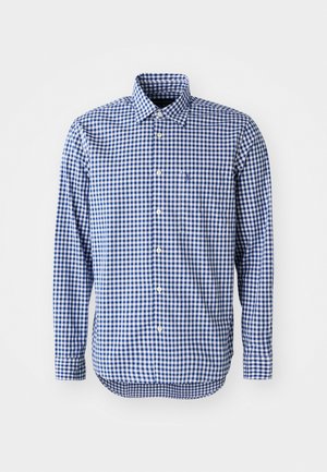 Blauw-wit geruit overhemd met lange mouwen, een button-down kraag en een enkele borstzak. Glad stof met een relaxte pasvorm.