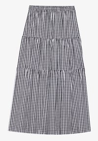 Zwarte en witte gekochte ruitjes met een gelaagde rok en een elastische tailleband. Kenmerkt zich door meerdere ruffles en een vloeiende silhouet.