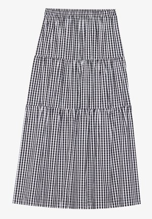 Fustă tiered cu un model de gingham alb-negru, cu talie elastică. Prezintă mai multe volane și o siluetă fluidă.