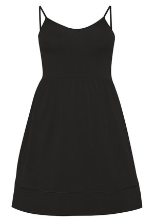 Sort ærmeløs kjole med tynde spaghetti-stropper, tætsiddende korset og udvidet nederdel med diskrete kantdetaljer.
