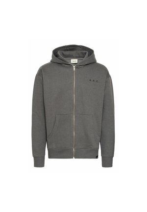 Hanorac gri cu fermoar, realizat dintr-un material moale. Are o buzunar frontal, manșete și tiv ondulate, și un logo "A.R.C." imprimat pe piept.