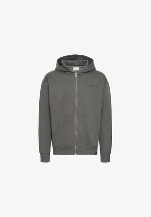 Hanorac gri cu fermoar, realizat dintr-un material moale. Are o buzunar frontal, manșete și tiv ondulate, și un logo "A.R.C." imprimat pe piept.