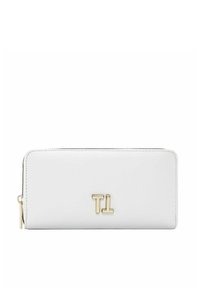 White leather wallet with gold "TL" logo, zip closure, and smooth texture. Rectangular shape with stitched edges and slim profile.
