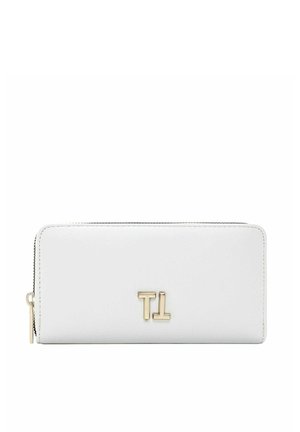 Portafoglio in pelle bianca con logo dorato "TL", chiusura zip e superficie liscia. Forma rettangolare con bordi cuciti e profilo sottile.