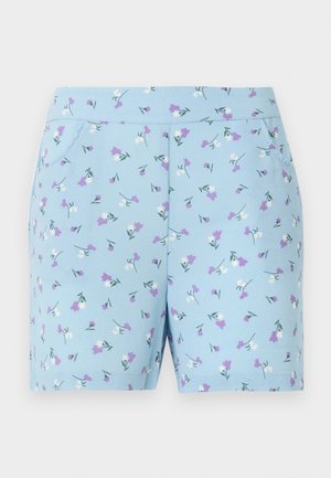 Blaue Shorts aus weichem Stoff, mit einem floralen Muster aus weißen und lila Blumen und seitlichen Taschen. Entworfen für Komfort und Stil.