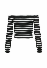 Sort-hvidstribet off-shoulder cropped top med ribbet tekstur og lange ærmer, prydet med jævne vandrette striber gennem hele stoffet.