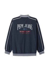 Marineblaues Bomberjackett mit weißen Streifenakzenten, mit "PEPE JEANS"-Logo und "BORN IN LDN"-Text auf der Rückseite. Glattes Material, elastische Bündchen.