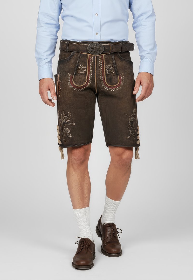 Brown leather shorts with decorative stitching, red accents, and side buttons. Worn with a light blue shirt and brown shoes.