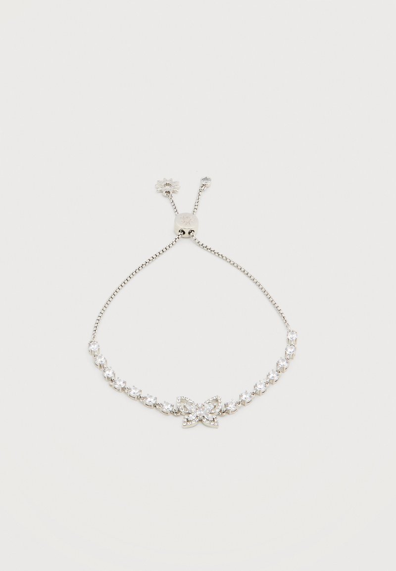 Ασημένιο ρυθμιζόμενο βραχιόλι με διάφανα στρας και κεντρικό διακοσμητικό σε σχήμα πεταλούδας διακοσμημένο με μικρά κρύσταλλα.