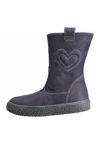Lila Lederstiefel mit strukturierter Oberfläche, herzförmiger Nahtdetail, Gummisohle und Zuglasche oben für einfaches Anziehen.