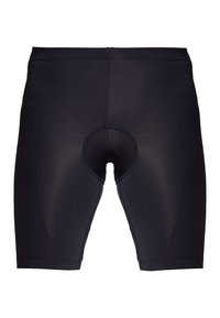 Shorts de cyclisme noirs en tissu extensible et lisse. Présentent un rembourrage au centre et des coutures plates pour plus de confort.