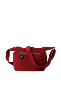 Red fabric shoulder bag with a zip closure, front pocket, adjustable strap, and textured surface. Features silver-toned zipper and accents.