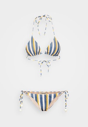 Stribet bikini med trekantet top i blå og gule striber samt en nederdel med matchende striber og sidesnorer med perler.