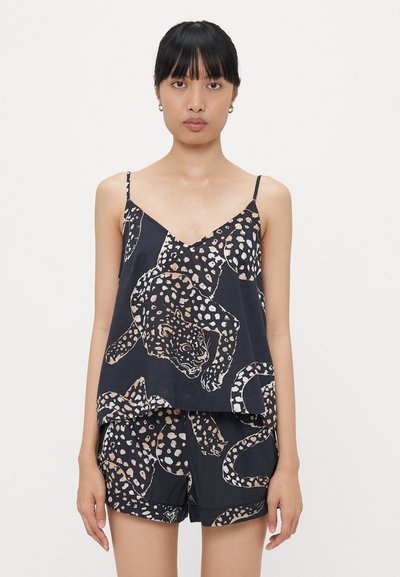 Schwarzes ärmelloses Oberteil und Shorts-Set mit einem Leopardenmuster in Beige und Weiß, für einen lässigen Sitz mit dünnen verstellbaren Trägern.