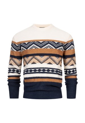 Strickpullover in Creme, Marineblau und Braun mit geometrischen Mustern und gerippten Bündchen. Verfügt über einen runden Ausschnitt und strukturierter Stoff.