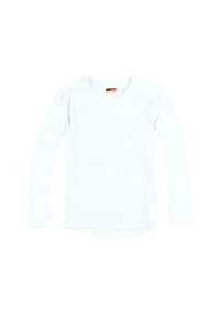 Weißes Langarm-T-Shirt mit Rundhalsausschnitt, glatter Textur und geradem Saum. Das Etikett ist orange.